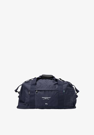 Navy duffel bag, 50L capacity, made of durable fabric, featuring dual top handles, an adjustable shoulder strap, and a front zipper pocket.