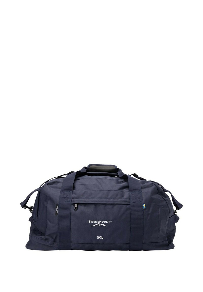 Borsa da trasporto navy, capacità di 50 litri, realizzata in tessuto resistente, dotata di doppi manici superiori, di una tracolla regolabile e di una tasca frontale con zip.