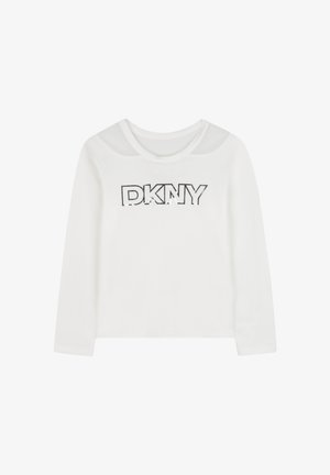 Witte langemouwen shirt met ronde halslijn en een glanzend zilveren DKNY-logo gedrukt op de borst.