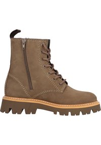 Brązowe skórzane botki na kostkę z bocznym zamkiem błyskawicznym, gumową podeszwą, sznurowanym przodem, kontrastowym przeszyciem oraz teksturowaną powierzchnią. Zawierają pętelkę z tyłu.
