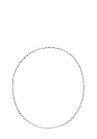 Sølv kæderekede med små runde led, der har en glat tekstur og en sikker lås. Enkel design med en poleret overflade.