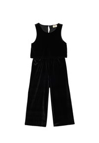 Svart sammets jumpsuit med ärmlös design och ett nyckelhål i ryggen. Utsvängda vida ben och en mjuk, slät textur genom hela plagget.