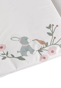 Cotton blanket featuring a gray bunny with a pink bow and a brown bird, surrounded by green leaves and pink flowers on a white background.