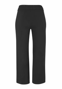 Zwarte wijde broek met een elastische tailleband. Gladde stof, volledige lengte en geen zichtbare patronen of hardwaredetails.