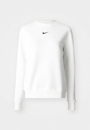Sudadera blanca de tejido suave con cuello y puños acanalados. Presenta un pequeño logo negro de Nike centrado en el pecho.