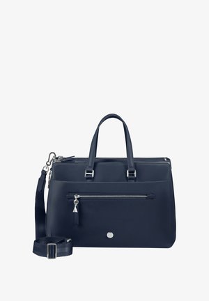 Marineblaues Handtasche aus strukturiertem Material, mit zwei Griffen, einem abnehmbaren Riemen, einer vorderen Reißverschlusstasche und silberfarbigen Hardware-Akzenten.