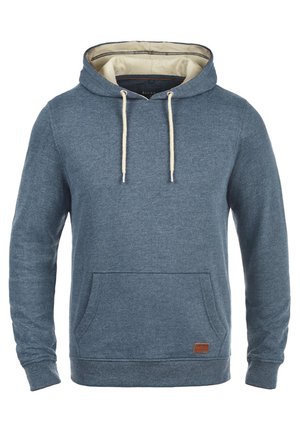 Sinine puuvillane kapuutsiga sviiter beeži voodriga, stringid, esine tasku ja väike pruun nahkaktsent sildil allääres.