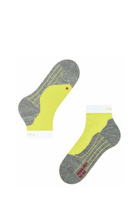 Calcetines tobilleros grises con acentos en amarillo brillante, que presentan patrones texturizados y un puño blanco. Talla indicada como 42-43, con una marca específica.