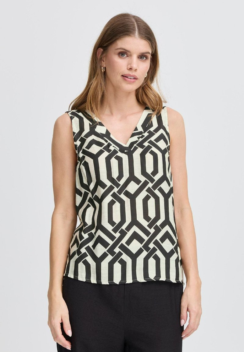 Top fără mâneci, de culoare verde deschis, cu un model geometric negru, având un decolteu în V și o textură moale. Ideal pentru ținutele casual.