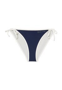 Bikini inferior de natación en azul marino y blanco con cintas laterales, que presenta paneles en contraste y el logo de la marca "MARC O'POLO" en la parte frontal. Textura suave.