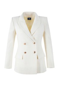 Dvojřadý blazer v texturované krémové tkanině se zlatými knoflíky, špičatými klopami a předními kapsami. Podšívkový interiér.