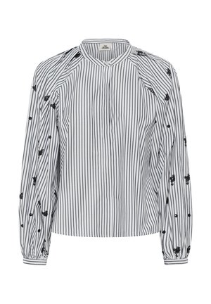 Cămășuță cu dungi alb-negru, cu guler cu nasturi. Prezintă accente florale brodate și mâneci bufante cu detalii la manșetă. Material din bumbac.