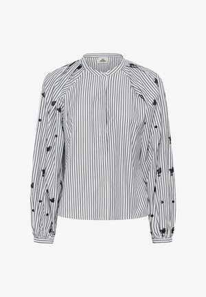 Fekete-fehér csíkos ing gombos nyakkal. Hímzett virágmintákkal és fodros ujjakkal, mandzsetta részletekkel. Pamut anyagból.