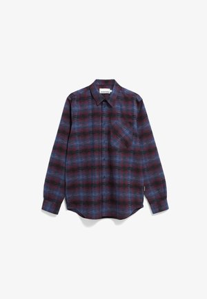 Red and blue plaid button-up shirt, long sleeves, single chest pocket, made of a soft fabric with a slightly textured finish.