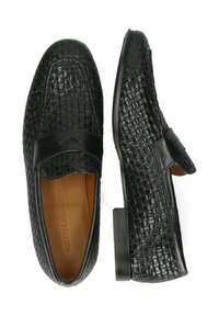 Sorte vævede læder loafers med en glat stropdetalje. Forlænget form og lav blokhæl. Den teksturerede overdel tilføjer visuel interesse.