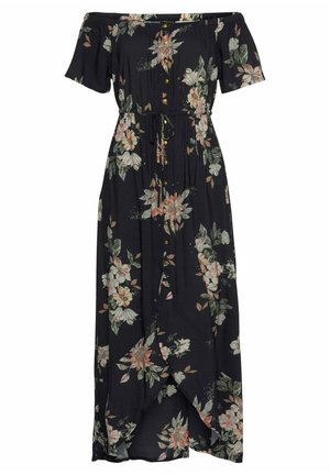 Schwarzes Maxikleid mit Carmenausschnitt, kurzen Ärmeln, Knöpfen vorne, Taillengürtel und floralem Muster in Weiß-, Grün- und Pfirsichtönen.