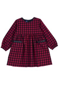 Vestido a cuadros rojo y negro con mangas largas, cuello redondo y dos bolsillos laterales. Presenta una cintura fruncida para una forma acampanada.