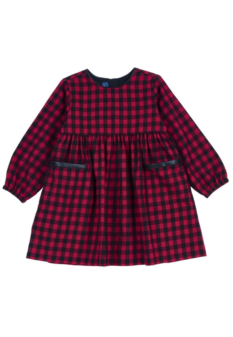 Vestido a cuadros rojo y negro con mangas largas, cuello redondo y dos bolsillos laterales. Presenta una cintura fruncida para una forma acampanada.