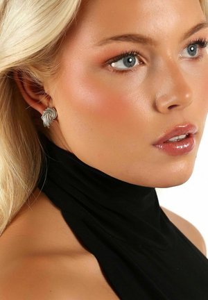 Silverbladformade örhängen med en texturerad yta, som har en polerad finish. Örhänget bärs av en modell med långt blont hår.
