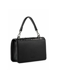 Schwarze Lederhandtasche mit einem oberen Griff, silbernen Verschlüssen und einer Klappe mit einem dezenten geprägten Logo und glänzenden Pailletten.