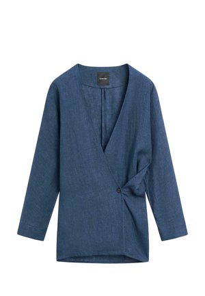 Navyblauwe blouse met omslag, lange mouwen, V-hals, één zijsluiting en licht gestructureerde stof.