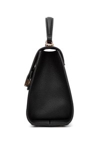 Borsa a mano in pelle nera con superficie testurizzata, forma affusolata, maniglia superiore e dettagli in metallo dorato.