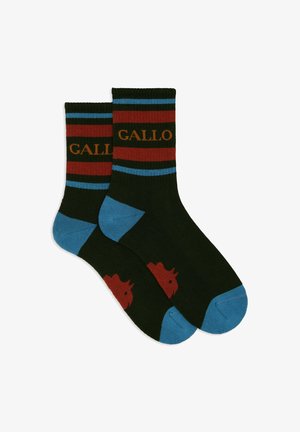 Calzini a maglia con strisce verde scuro, rosse e blu. La parola "GALLO" è ben visibile, con dettagli sulla punta e sul tallone.
