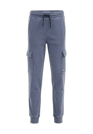 Pantalon cargo jogger bleu-gris avec taille élastique, cordon de serrage, poches latérales à rabats et poignets côtelés aux chevilles.