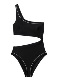 Maillot de bain noir asymétrique avec découpe à la taille, jambes échancrées et liseré blanc le long des bords.