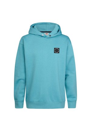 Blauwe hoodie met lange mouwen en een klein zwart vierkant logo op de linker bovenborst.