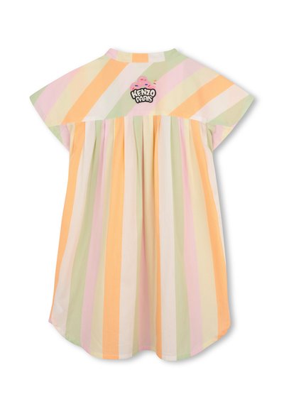 Robe à manches courtes avec des rayures verticales pastel en orange, vert, rose et blanc, ornée d'un logo "Kenzo Paris" brodé au dos.