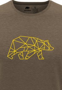 Bruine T-shirt met een geometrische gele berenafdruk. Korte mouwen, ronde halslijn, van zachte stof, met een minimalistisch ontwerp.