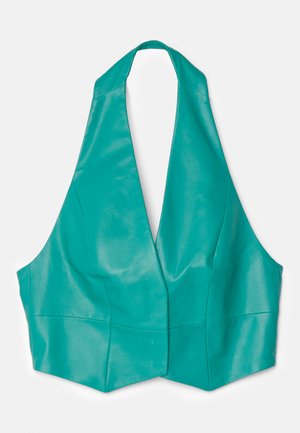 Teal halter-style cropped top gemaakt van glad, glanzend materiaal. Kenmerkt zich door een diepe V-halslijn en een gestructureerde driehoekige vorm. Heeft geen sluitingen.
