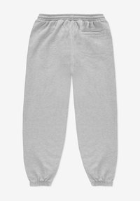 Szare dresy wykonane z miękkiego materiału, z elastycznym pasem, zwężanymi mankietami i jedną tylną kieszenią. Gładka faktura i swobodny styl.