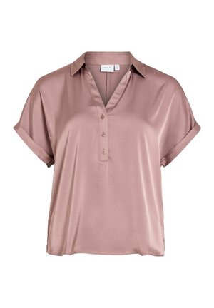 Kortærmet bluse i mauve satin med krave og tre knapper foran, med en løs pasform og foldede ærmekanter.