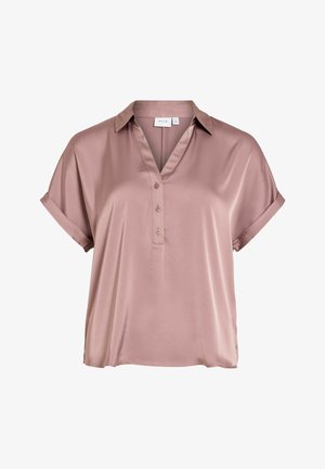 Bluză din satin mauve cu mâneci scurte, guler și trei nasturi frontali, având croială largă și manșete pliate la mâneci.
