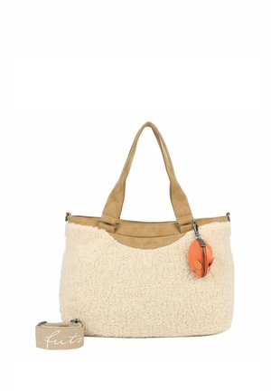 Borsa tote beige in finta pelliccia di pecora con accenti in finta pelle marrone e doppi manici. Include una tasca arancione con zip staccabile. Texture spessa e morbida.