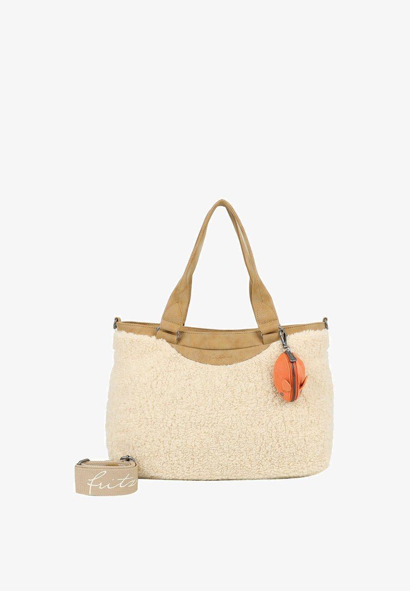Beige Faux-Shearling-Shopper mit braunen Kunstlederakzenten und doppelten Griffen. Inklusive abnehmbarem orangen Reißverschlussbeutel. Dicke, weiche Textur.