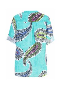 Short-sleeve, turquoise shirt featuring a paisley pattern in green, purple, and blue, with a textured background and a back yoke detail.