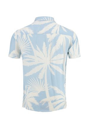 Koszula krótki rękaw, zapinana na guziki, w jasnoniebieskim materiale z białym wzorem liści palmowych; gładka tekstura, standardowy kołnierzyk i luźny krój.
