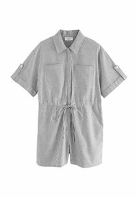 Gestreept kortom-shirt in zwart en wit met een kraag, knoopmanchetten, twee voorzakken en een trekkoord in de taille.