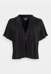 Zwarte geplooide blouse met een klassieke kraag, korte mouwen en een knopen sluiting aan de voorkant. Bevat een gestructureerde stof met verticale lijnen.