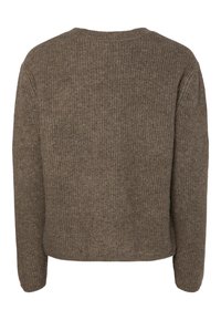 Brun, ribbad stickad tröja med rund halsringning och långa ärmar, med en texturerad yta och avslappnad passform, sedd bakifrån.