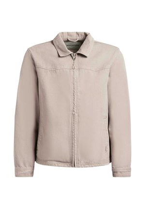 Hellbeige Reißverschlussjacke mit traditionellem Kragen und langen Ärmeln, versehen mit dezenten Steppnähten an Brust und Seiten.