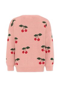 Roze gebreide trui met verspreid patroon van rode kersen en groene bladeren, lange mouwen, geribbelde manchetten en zoom.