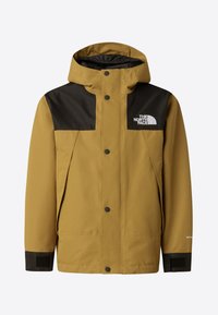 Brun og sort hættejakke til udendørs brug med knapper foran, lynlås-lommer og The North Face-logo på brystet.