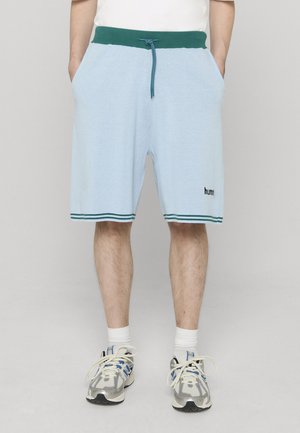 Jasnoniebieskie bawełniane szorty z zieloną elastyczną talią, posiadające kieszenie oraz zielono-białe paski na dole nogawek. Logo marki na nodze.