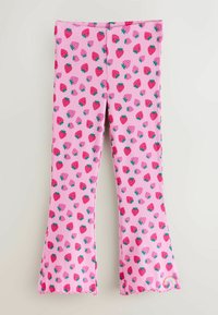 Rožnate razširjene legice z vzorcem jagod v različnih odtenkih, rebraste teksture ter valovitim robom. Vključuje majhen mavrični poudarek.