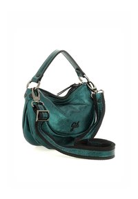 Borsa a mano metallic teal con forma arrotondata, chiusura a zip, dettagli neri e tracolla rimovibile. Presenta un logo sul davanti.