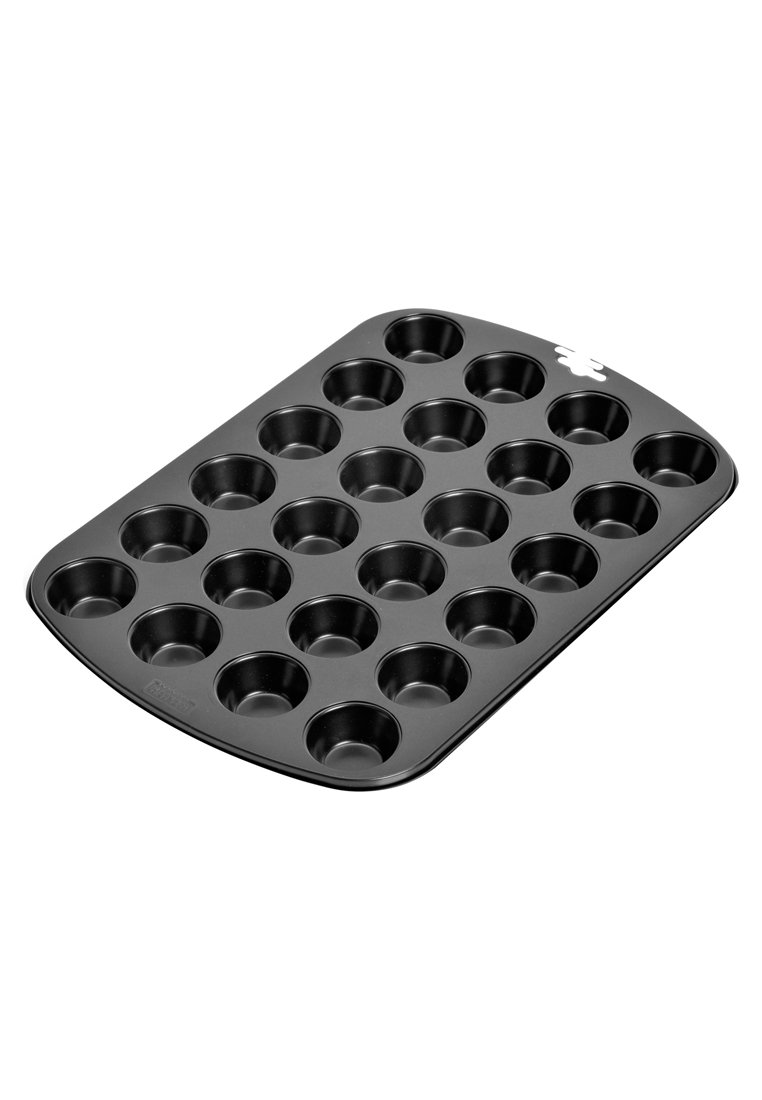 Moule à muffins noir antiadhésif avec 24 empreintes circulaires, forme rectangulaire, texture lisse et bords légèrement arrondis.